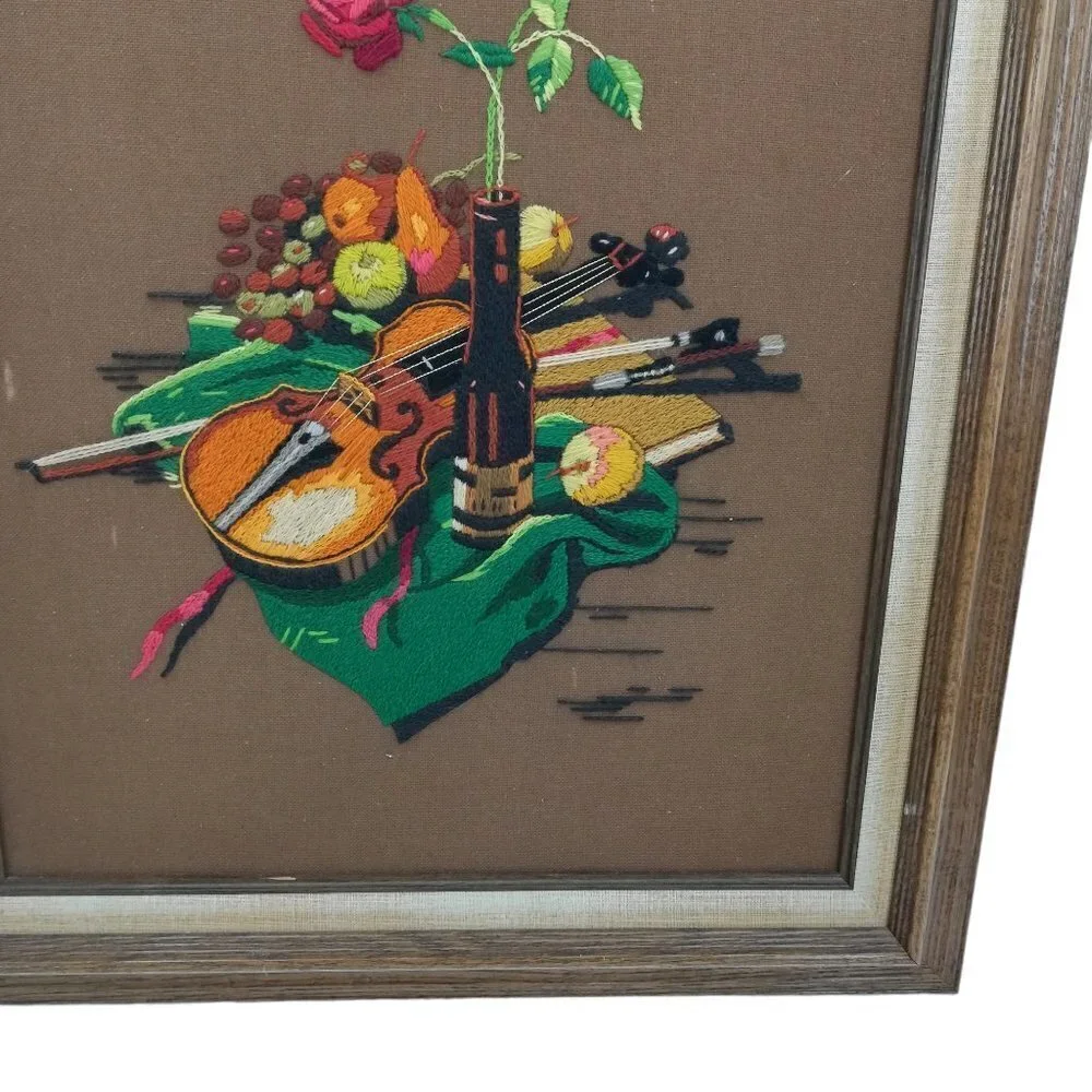 Vintage Completed Crewel Embroidery Picture Violin Rose Fruit Wine Romantic 70s